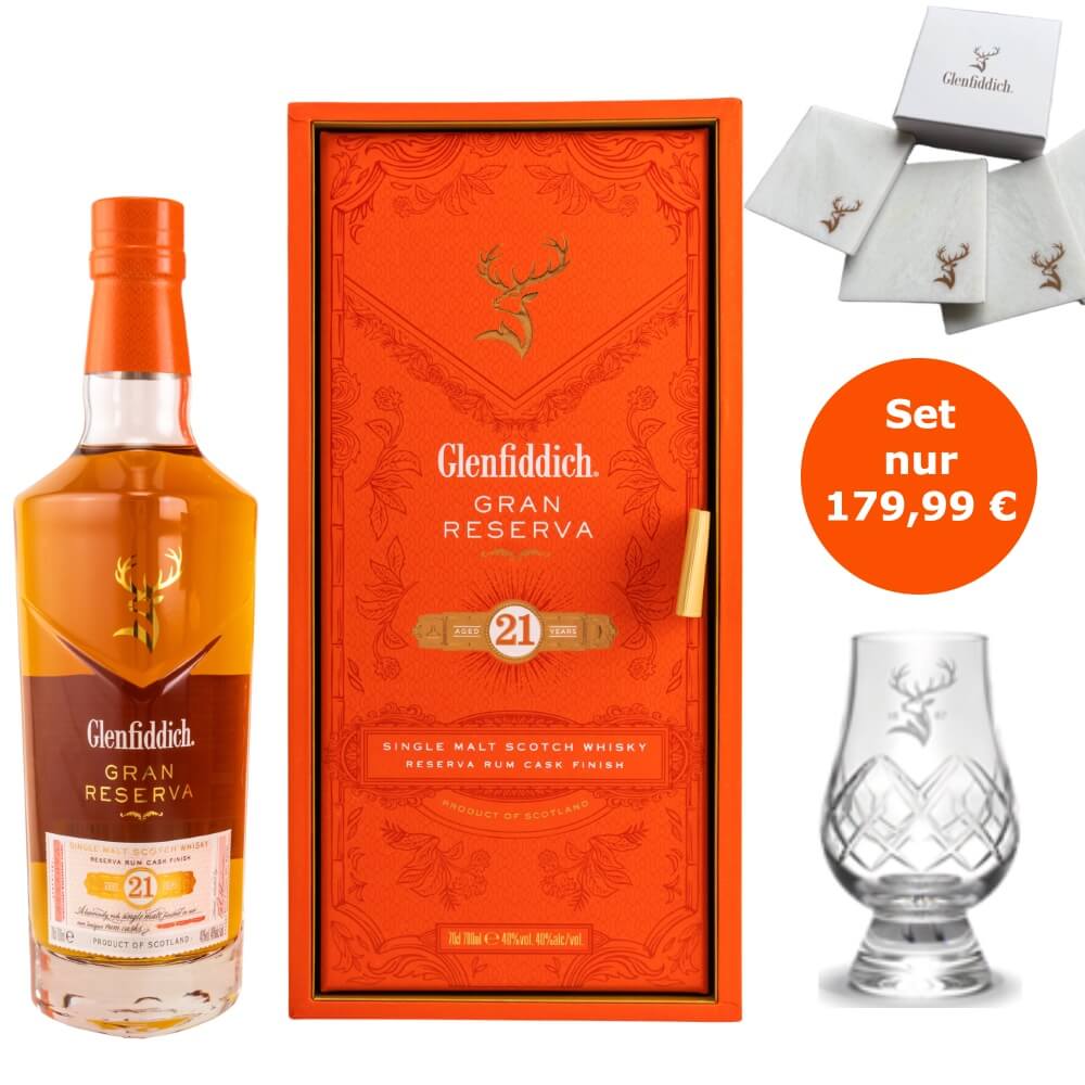 Glenfiddich 21 Jahre Gran Reserva Rum Cask Finish Whisky 40% Set mit Glencairn und Coaster